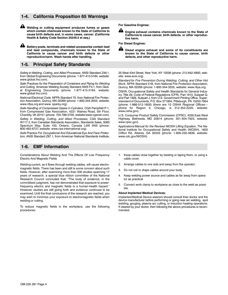 4. california proposition 65 warnings, 5. principal safety standards, 6. emf information | Hobart Welding Products IRONMAN 230 User Manual | Page 8 / 56