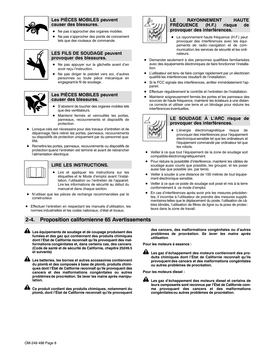 4. proposition californienne 65 avertissements | Hobart Welding Products HANDLER 210 MVP User Manual | Page 12 / 56