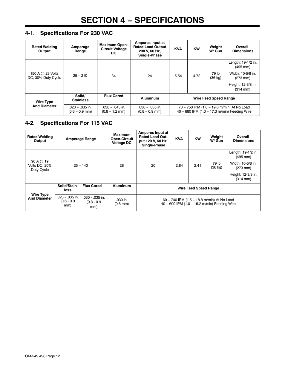 Section 4 − specifications, 1. specifications for 230 vac, 2. specifications for 115 vac | Hobart Welding Products HANDLER 210 MVP User Manual | Page 16 / 56