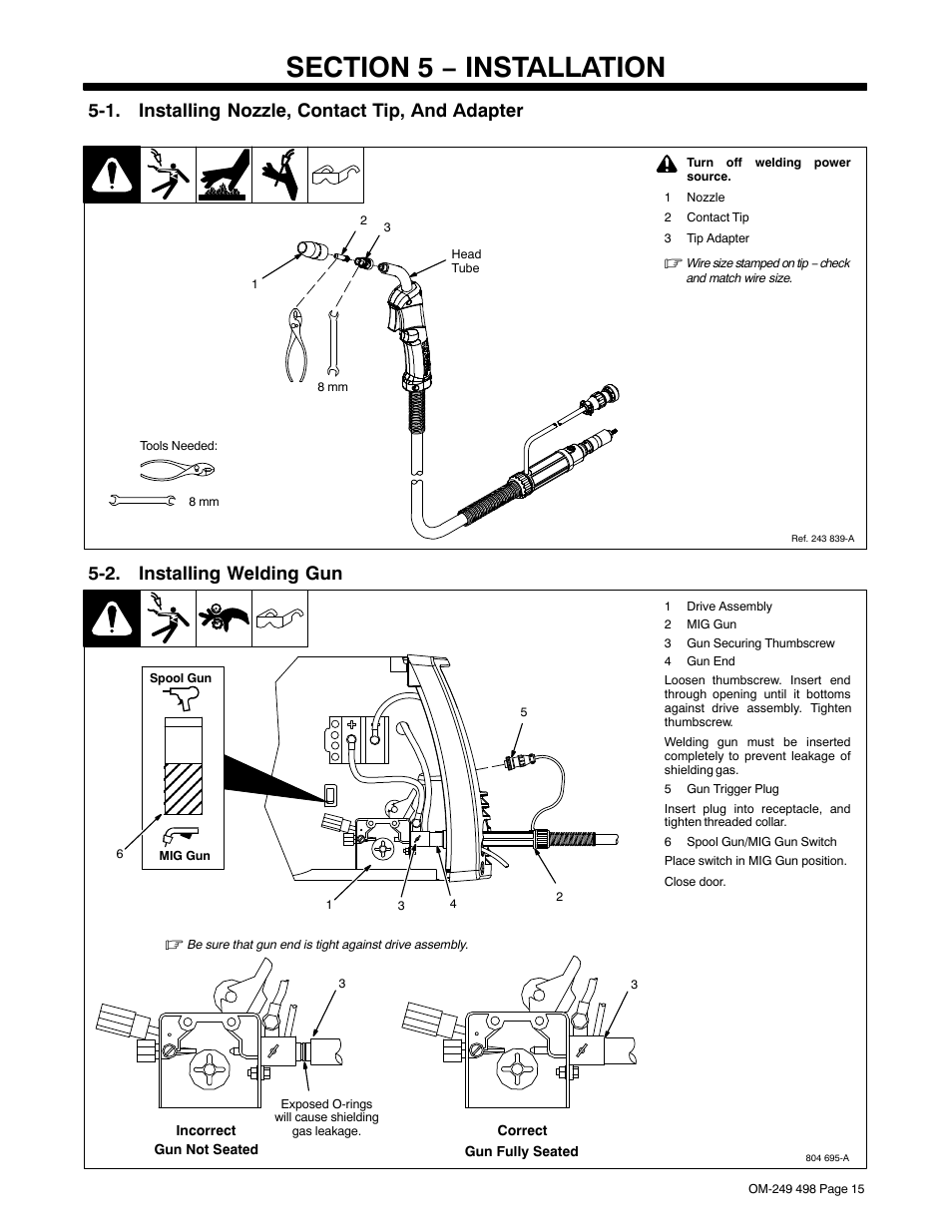 Section 5 − installation, 1. installing nozzle, contact tip, and adapter, 2. installing welding gun | Hobart Welding Products HANDLER 210 MVP User Manual | Page 19 / 56