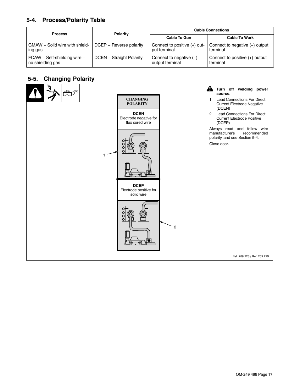 4. process/polarity table, 5. changing polarity | Hobart Welding Products HANDLER 210 MVP User Manual | Page 21 / 56