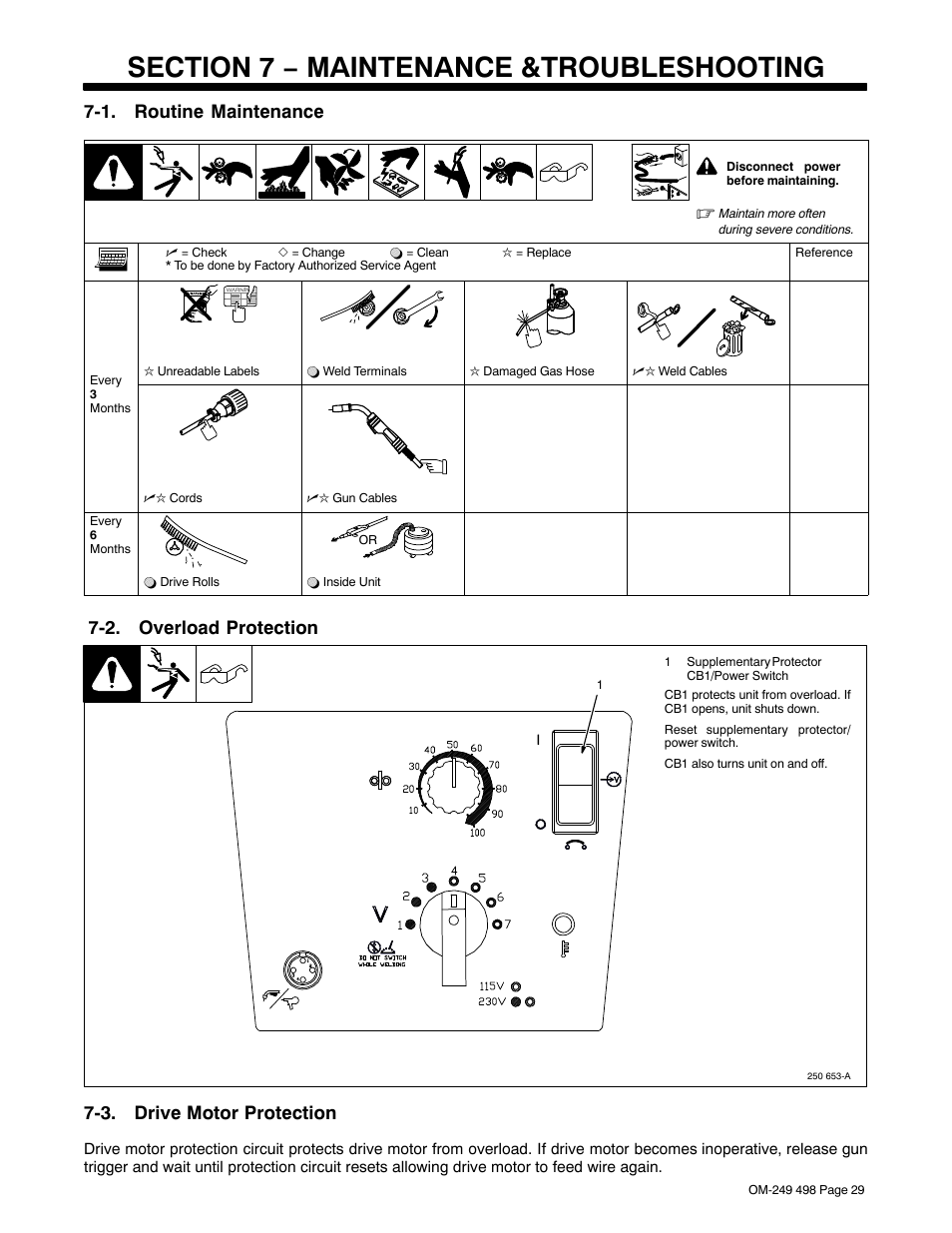 Section 7 − maintenance &troubleshooting, 1. routine maintenance, 2. overload protection | 3. drive motor protection | Hobart Welding Products HANDLER 210 MVP User Manual | Page 33 / 56