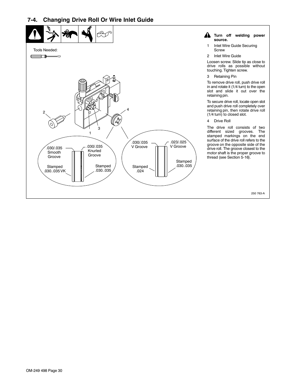 4. changing drive roll or wire inlet guide | Hobart Welding Products HANDLER 210 MVP User Manual | Page 34 / 56