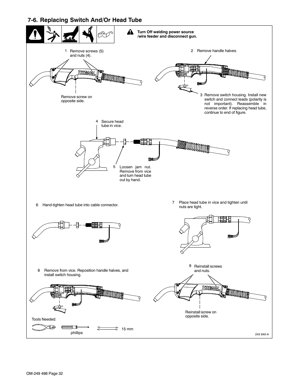 6. replacing switch and/or head tube | Hobart Welding Products HANDLER 210 MVP User Manual | Page 36 / 56