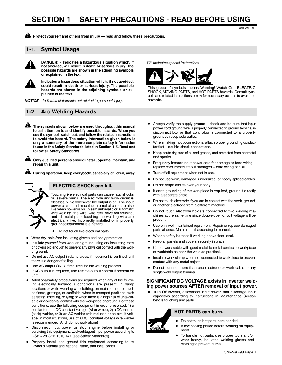 Section 1 − safety precautions - read before using, 1. symbol usage, 2. arc welding hazards | Hobart Welding Products HANDLER 210 MVP User Manual | Page 5 / 56