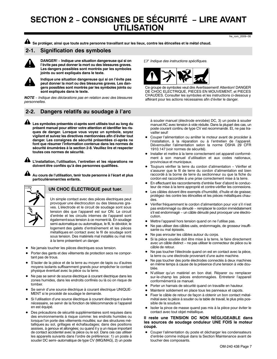 1. signification des symboles, 2. dangers relatifs au soudage à l’arc, Consignes de sécurité − lire avant utilisation | Hobart Welding Products CHAMPION ELITE OM-240 438B User Manual | Page 11 / 72