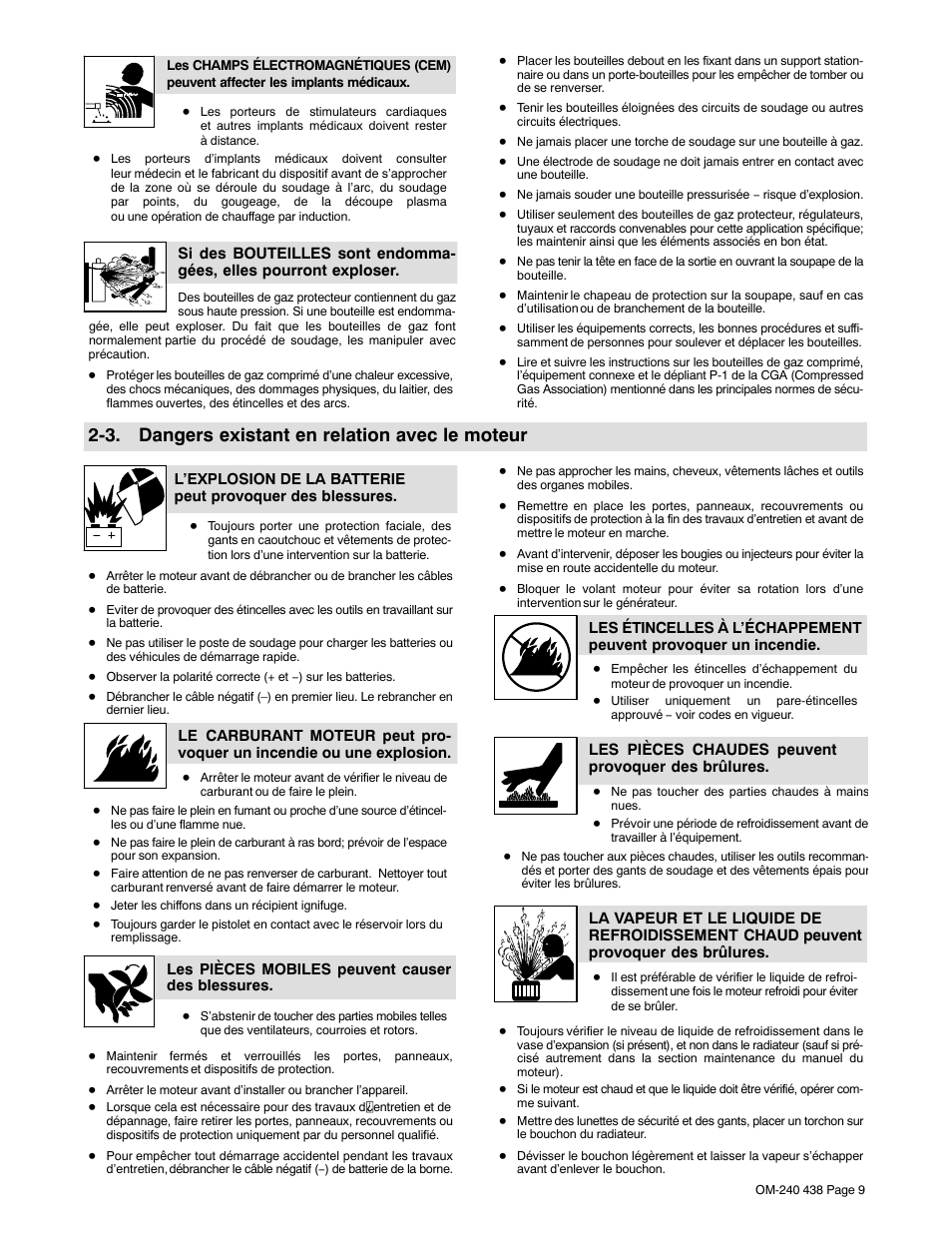 3. dangers existant en relation avec le moteur | Hobart Welding Products CHAMPION ELITE OM-240 438B User Manual | Page 13 / 72