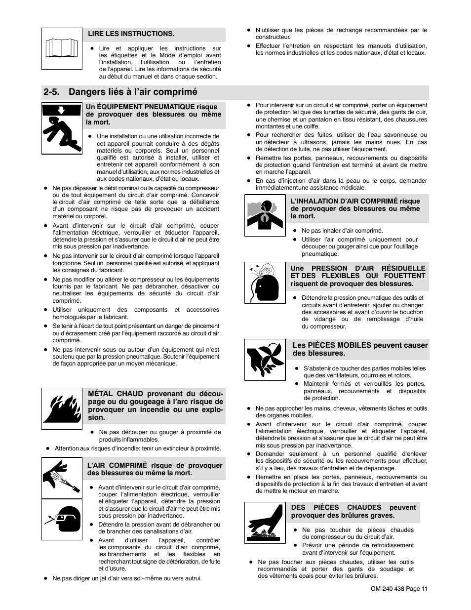 5. dangers liés à l’air comprimé | Hobart Welding Products CHAMPION ELITE OM-240 438B User Manual | Page 15 / 72