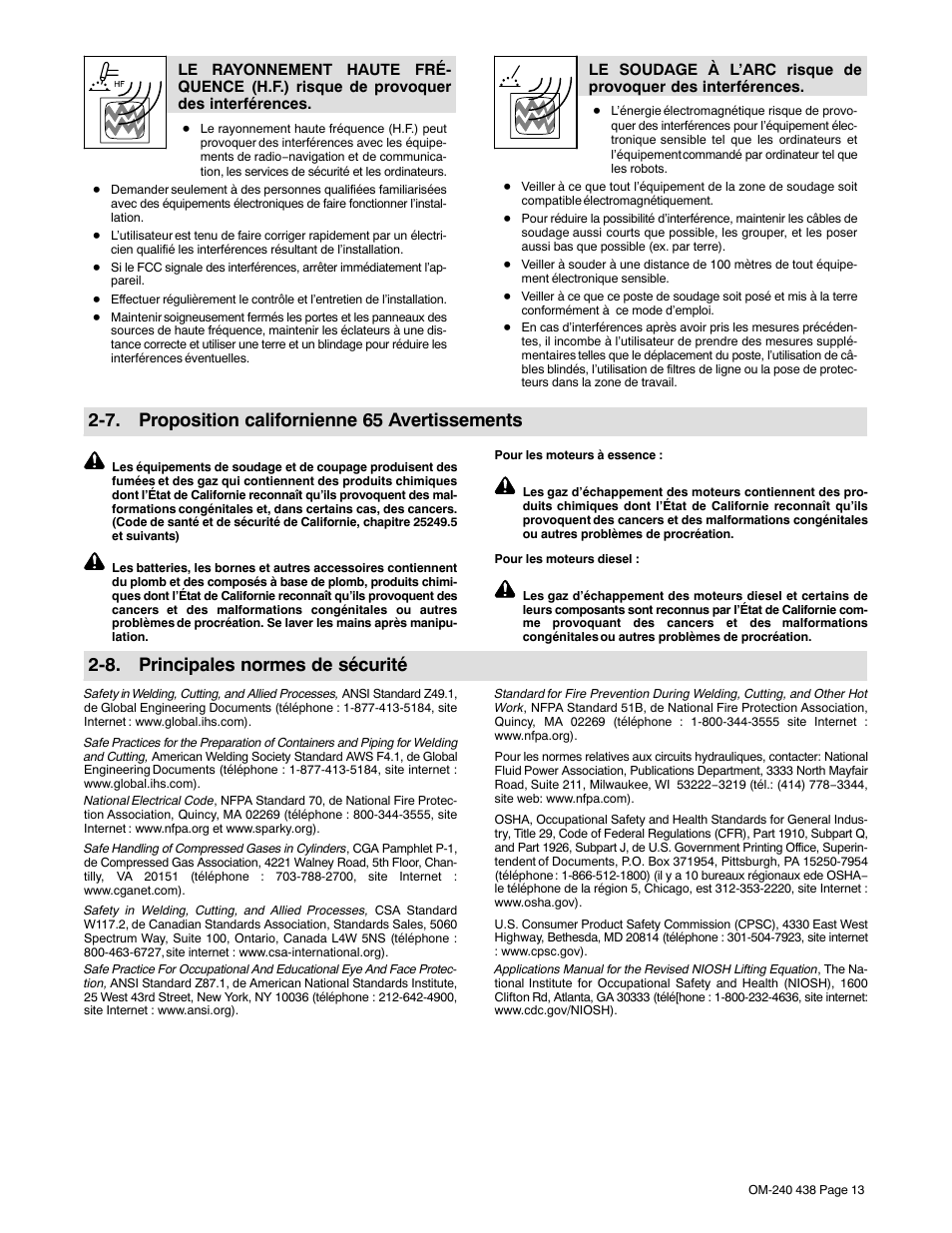 7. proposition californienne 65 avertissements, 8. principales normes de sécurité | Hobart Welding Products CHAMPION ELITE OM-240 438B User Manual | Page 17 / 72