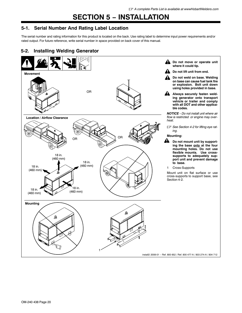 Section 5 − installation, 1. serial number and rating label location, 2. installing welding generator | Hobart Welding Products CHAMPION ELITE OM-240 438B User Manual | Page 24 / 72