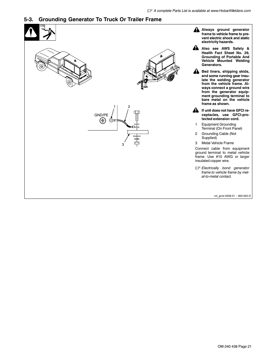 3. grounding generator to truck or trailer frame | Hobart Welding Products CHAMPION ELITE OM-240 438B User Manual | Page 25 / 72