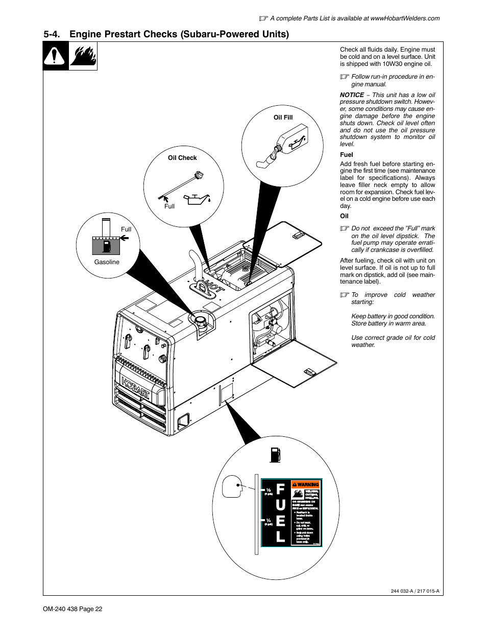 4. engine prestart checks (subaru-powered units) | Hobart Welding Products CHAMPION ELITE OM-240 438B User Manual | Page 26 / 72