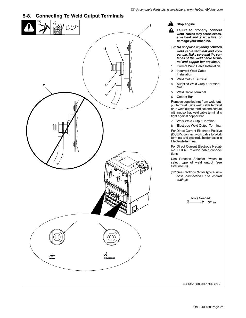 8. connecting to weld output terminals | Hobart Welding Products CHAMPION ELITE OM-240 438B User Manual | Page 29 / 72