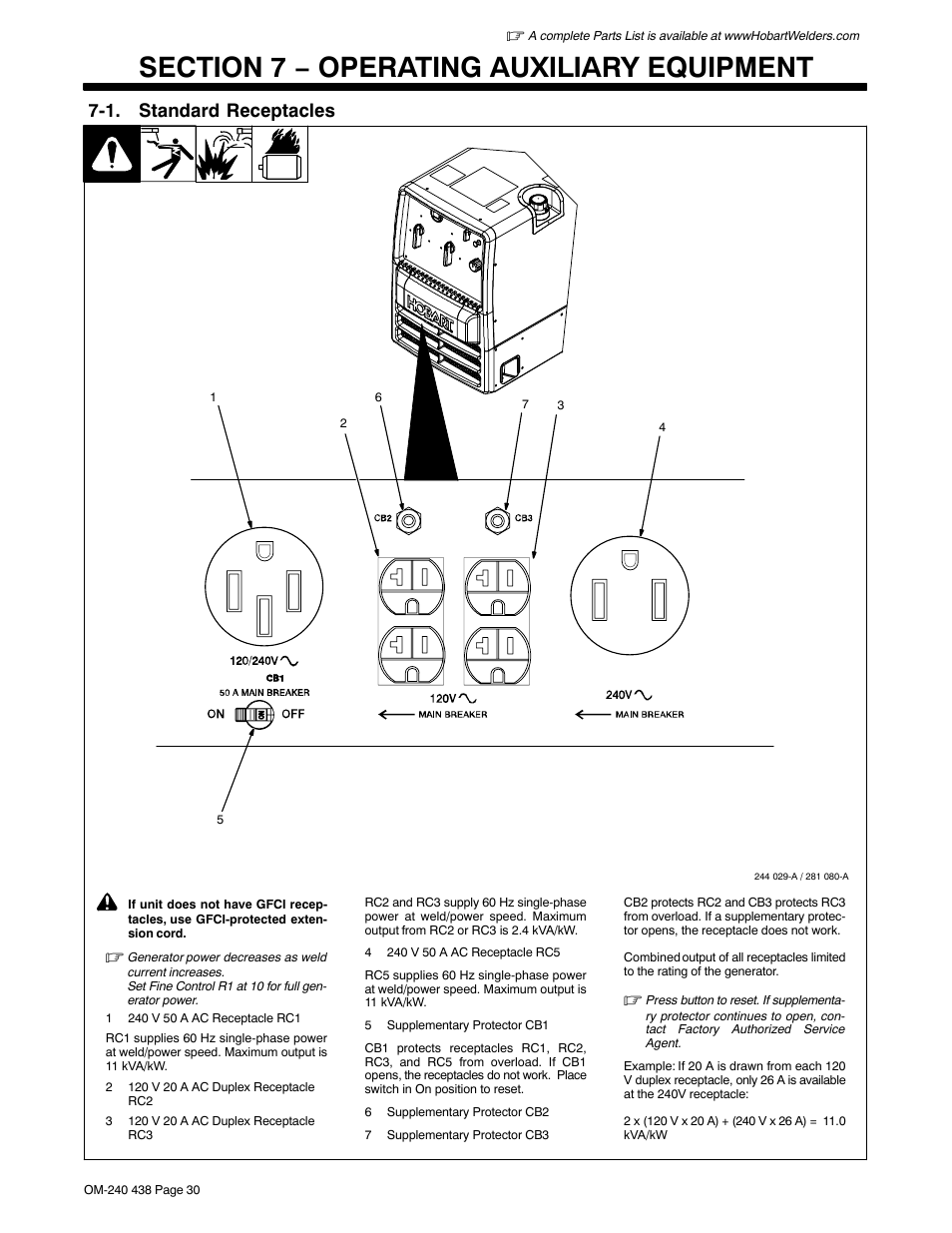 Section 7 − operating auxiliary equipment, 1. standard receptacles | Hobart Welding Products CHAMPION ELITE OM-240 438B User Manual | Page 34 / 72