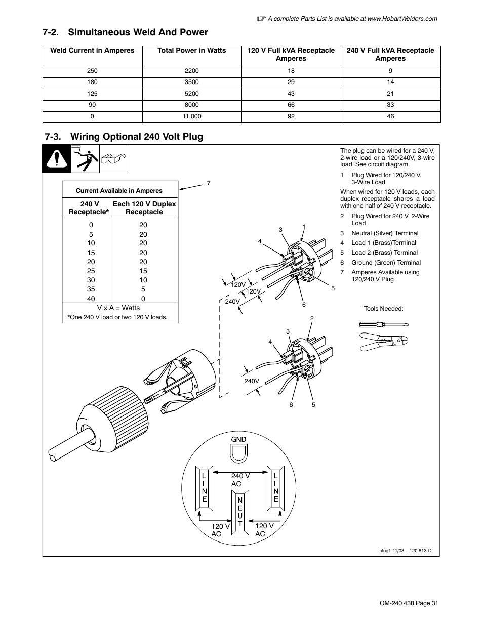 2. simultaneous weld and power, 3. wiring optional 240 volt plug | Hobart Welding Products CHAMPION ELITE OM-240 438B User Manual | Page 35 / 72