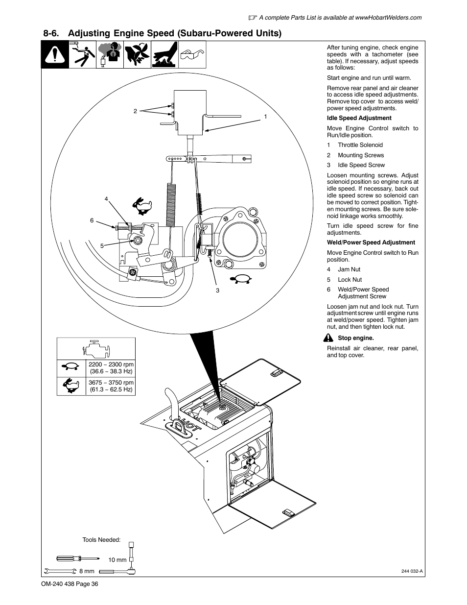 6. adjusting engine speed (subaru-powered units) | Hobart Welding Products CHAMPION ELITE OM-240 438B User Manual | Page 40 / 72