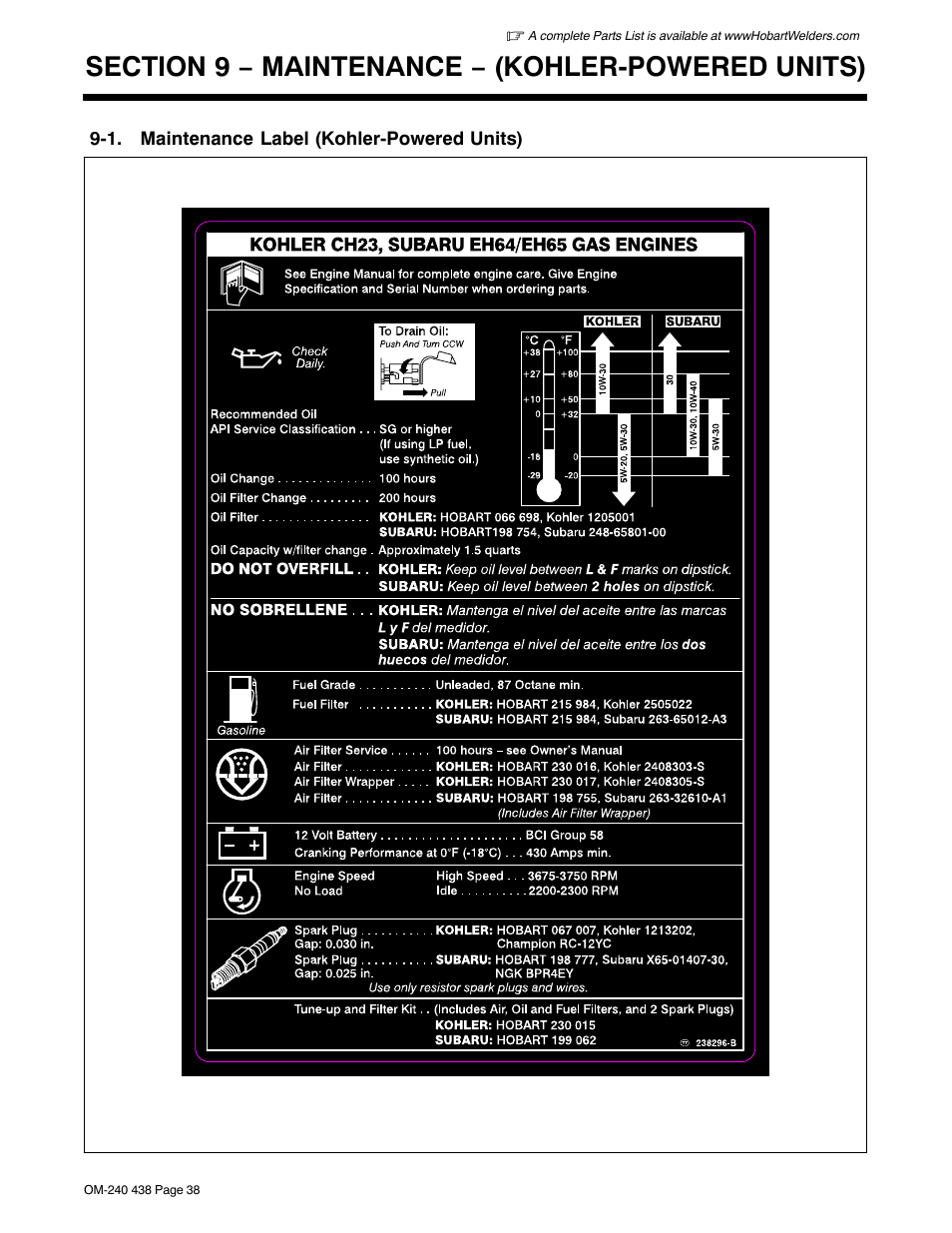 Section 9 − maintenance − (kohler-powered units), 1. maintenance label (kohler-powered units) | Hobart Welding Products CHAMPION ELITE OM-240 438B User Manual | Page 42 / 72