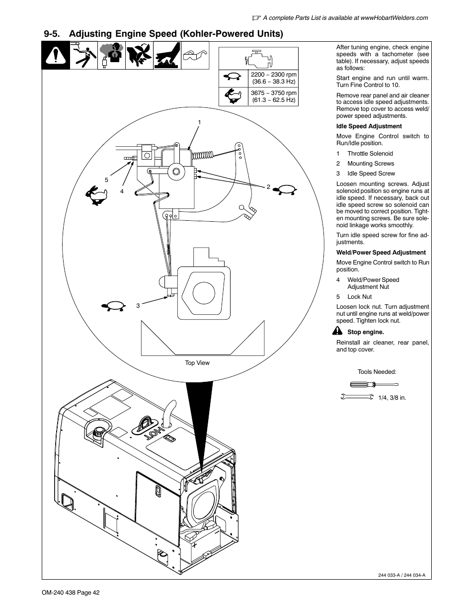 5. adjusting engine speed (kohler-powered units) | Hobart Welding Products CHAMPION ELITE OM-240 438B User Manual | Page 46 / 72