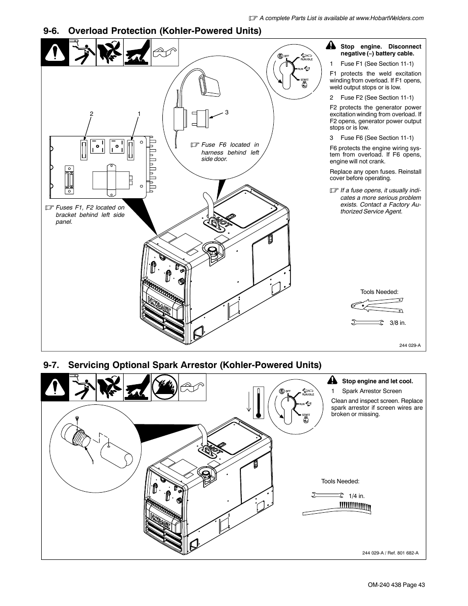 6. overload protection (kohler-powered units), Section 9-7 | Hobart Welding Products CHAMPION ELITE OM-240 438B User Manual | Page 47 / 72