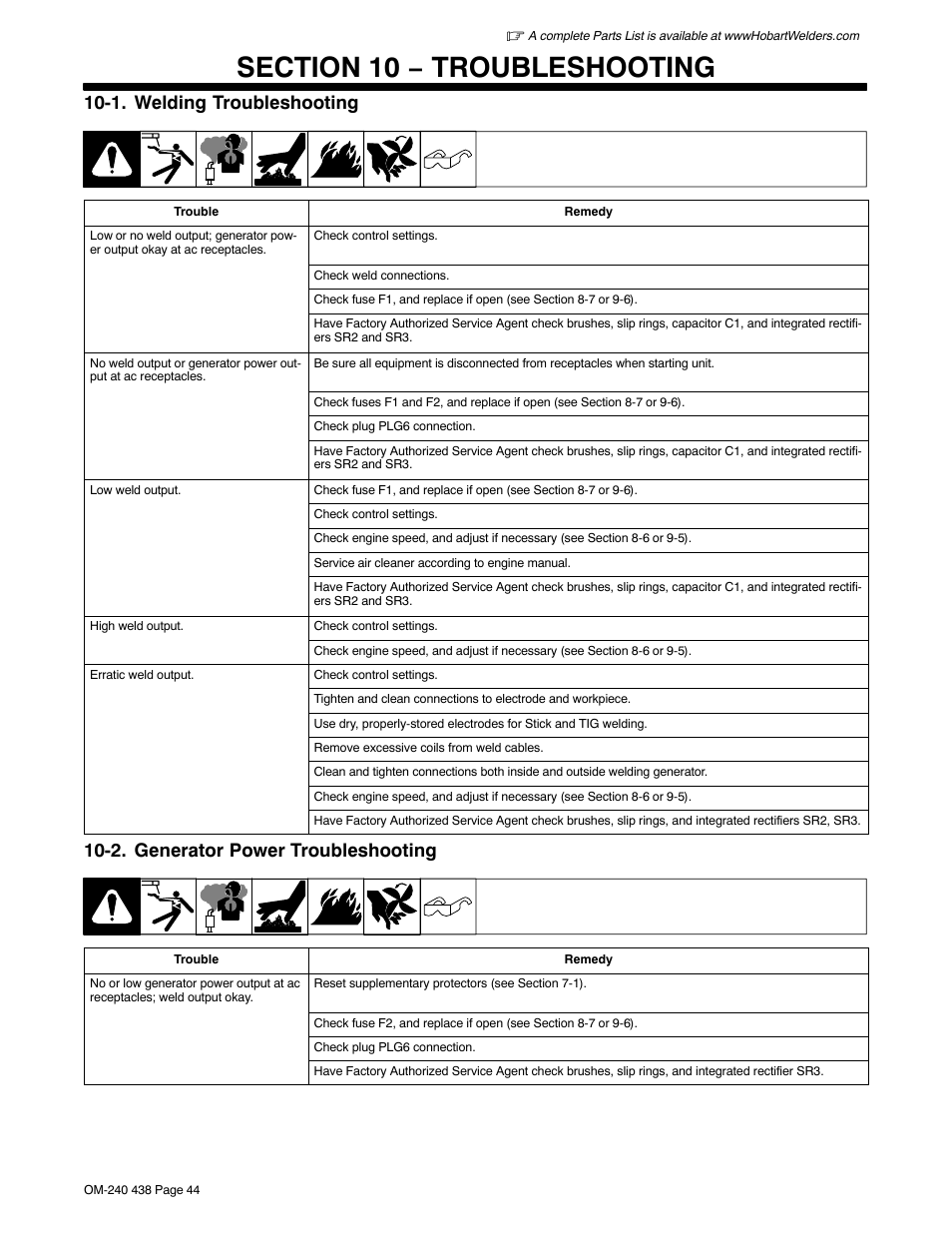 Section 10 − troubleshooting, 1. welding troubleshooting, 2. generator power troubleshooting | Hobart Welding Products CHAMPION ELITE OM-240 438B User Manual | Page 48 / 72