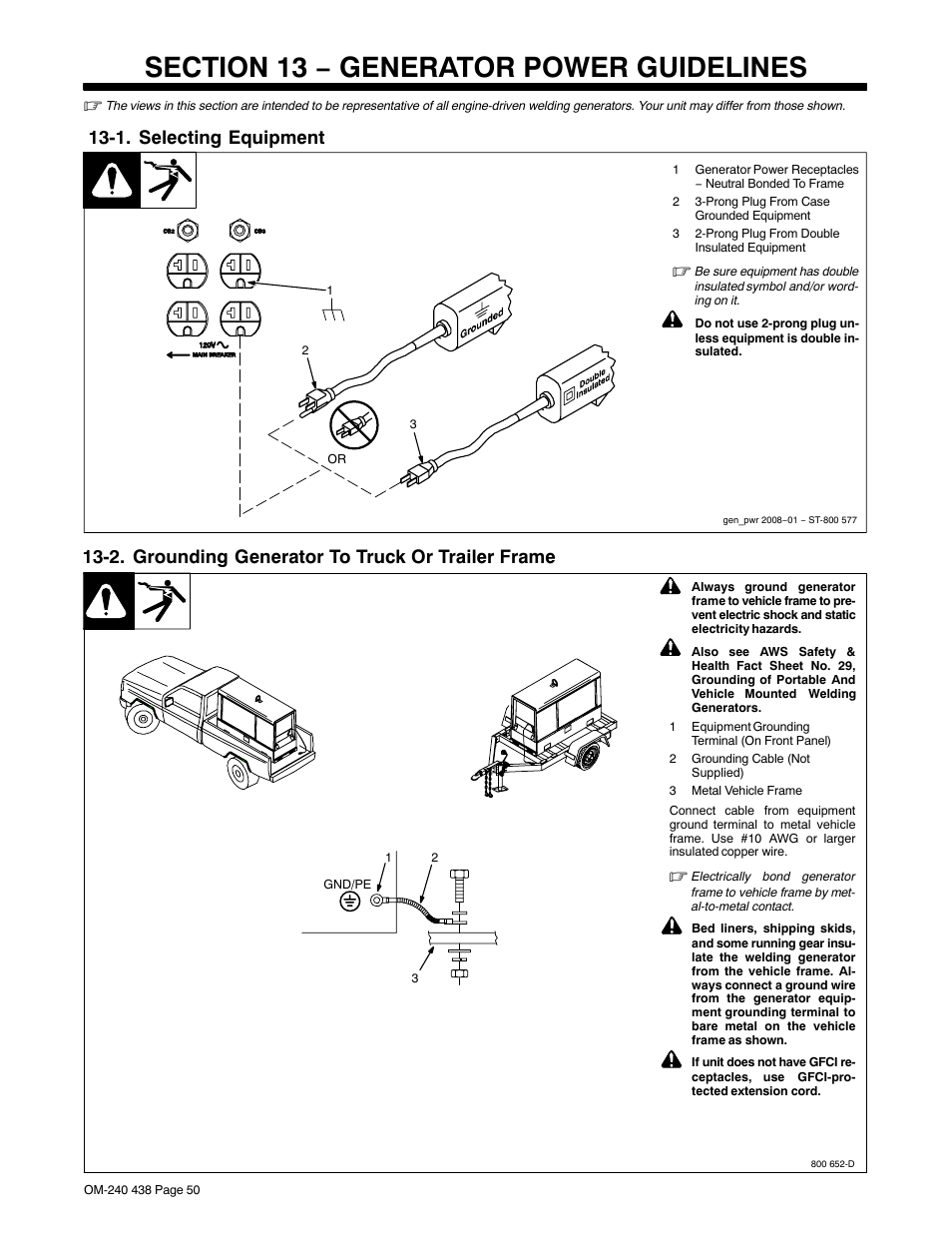 Section 13 − generator power guidelines, 1. selecting equipment, 2. grounding generator to truck or trailer frame | Hobart Welding Products CHAMPION ELITE OM-240 438B User Manual | Page 54 / 72