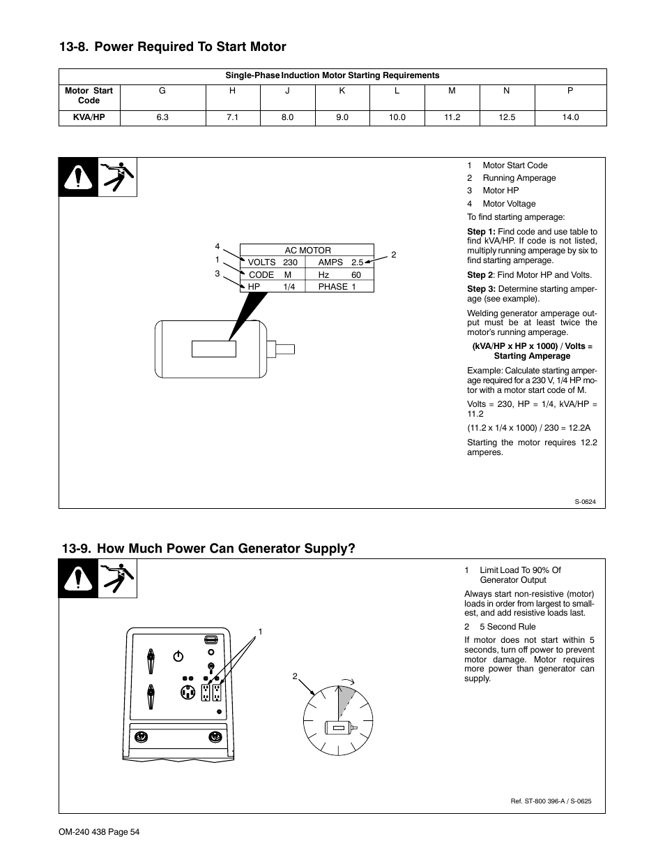 8. power required to start motor, 9. how much power can generator supply | Hobart Welding Products CHAMPION ELITE OM-240 438B User Manual | Page 58 / 72