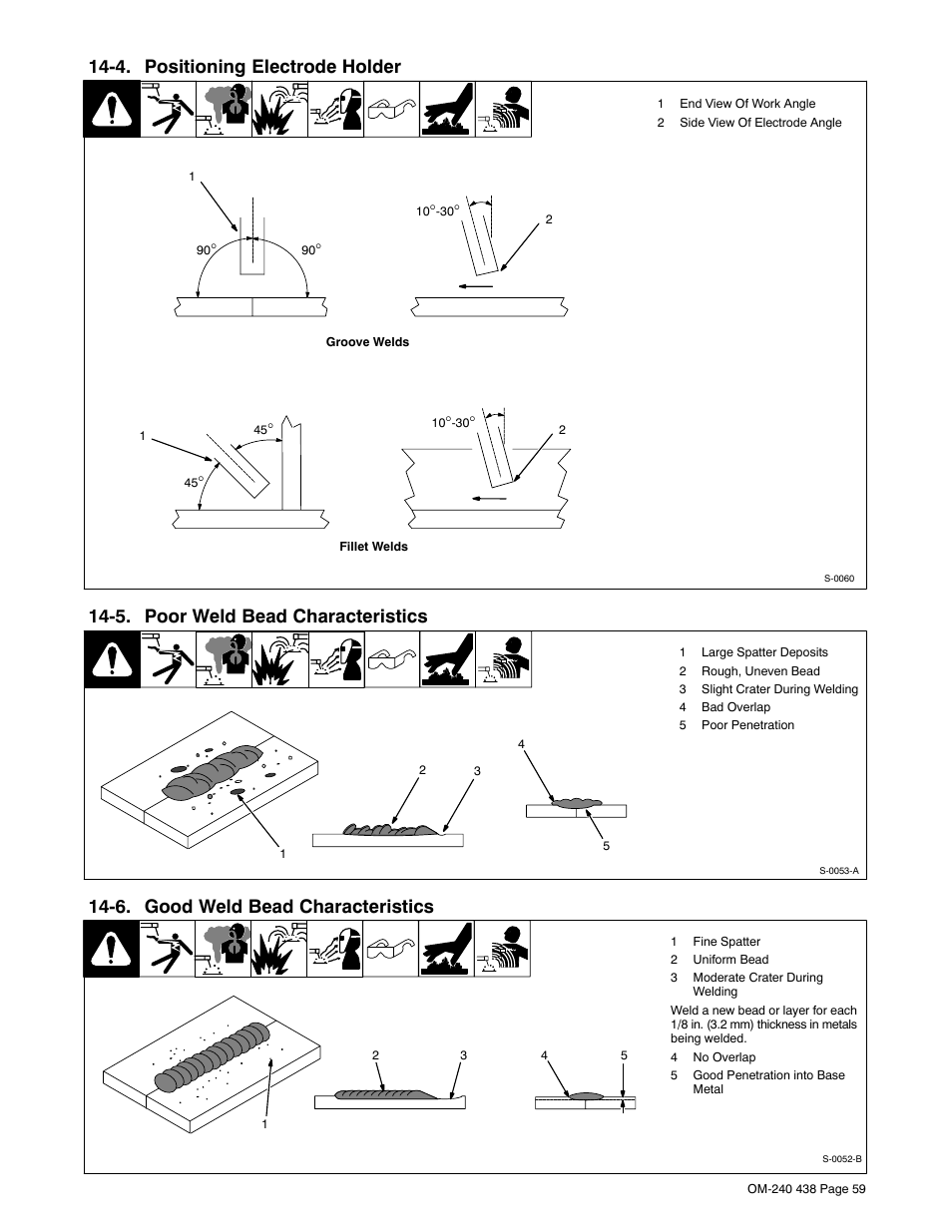 4. positioning electrode holder, 5. poor weld bead characteristics, 6. good weld bead characteristics | Hobart Welding Products CHAMPION ELITE OM-240 438B User Manual | Page 63 / 72