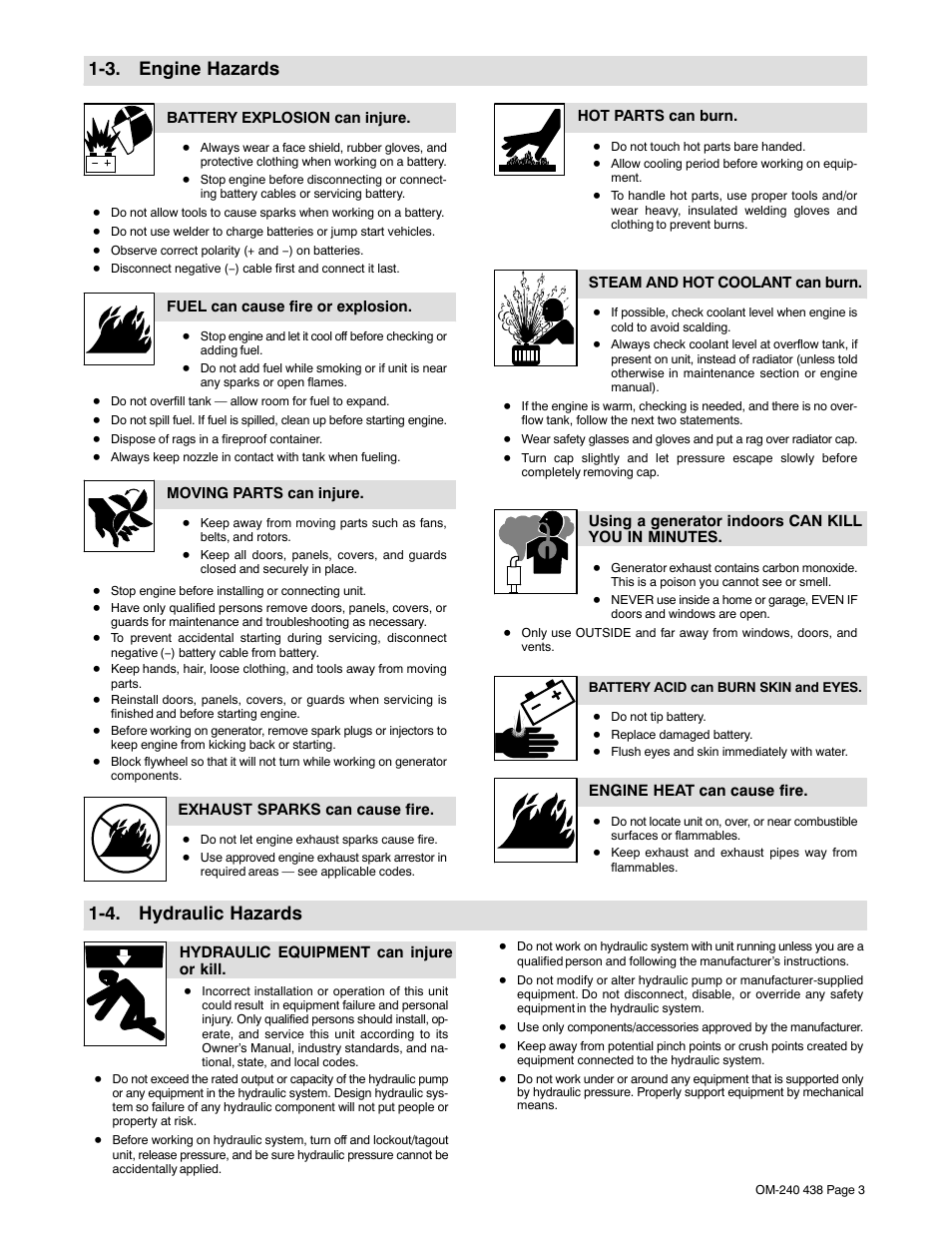 3. engine hazards, 4. hydraulic hazards | Hobart Welding Products CHAMPION ELITE OM-240 438B User Manual | Page 7 / 72