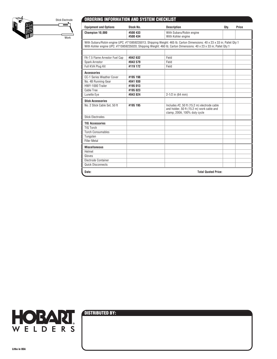 Distributed by, Ordering information and system checklist | Hobart Welding Products 000 User Manual | Page 4 / 4