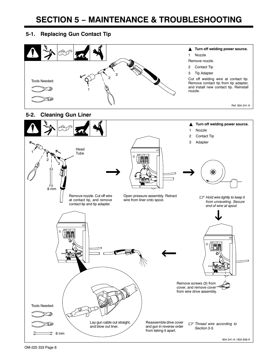 Section 5 − maintenance & troubleshooting, 1. replacing gun contact tip, 2. cleaning gun liner | Hobart Welding Products H-9B Gun User Manual | Page 12 / 20