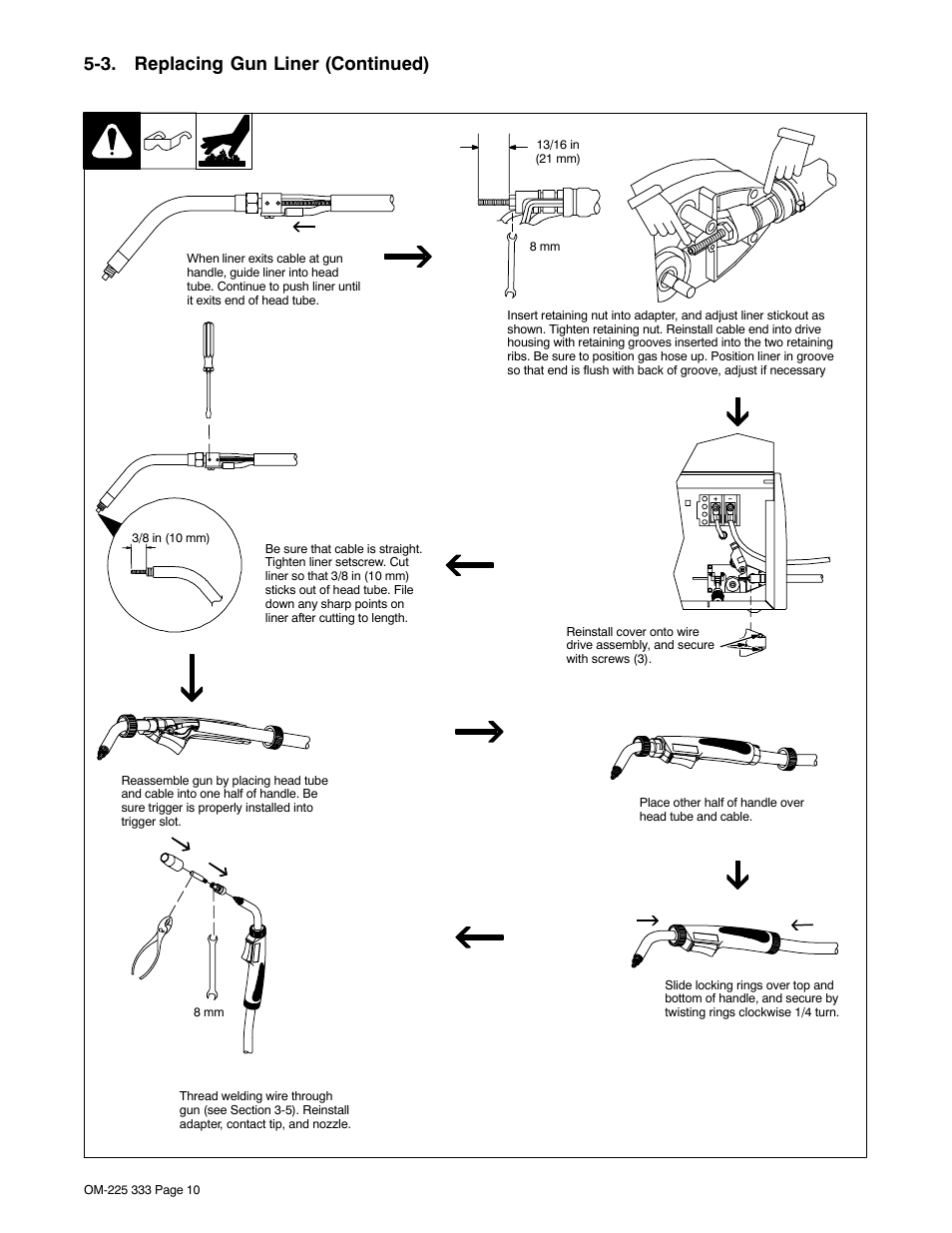 3 . replacing gun liner (continued) | Hobart Welding Products H-9B Gun User Manual | Page 14 / 20