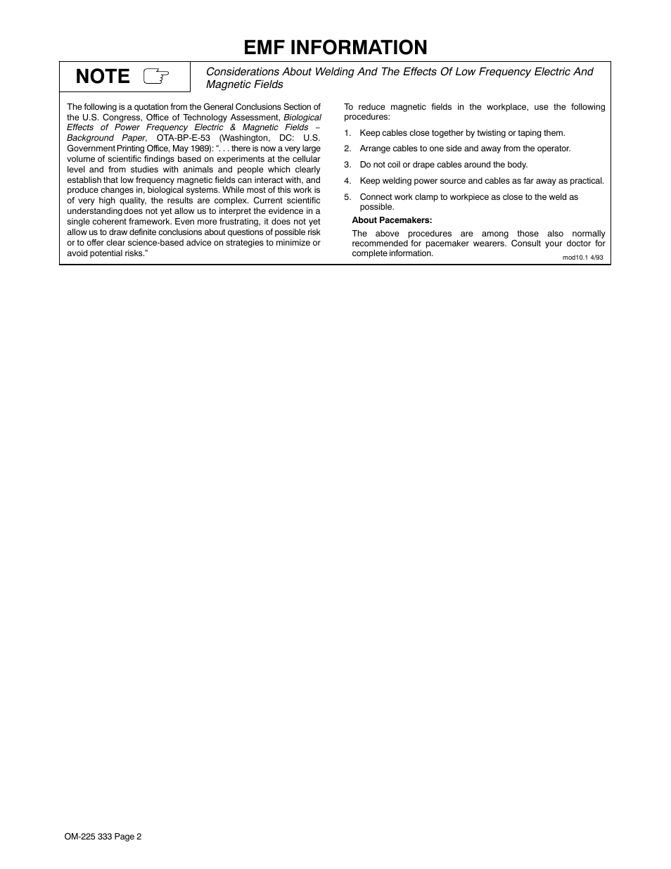 Emf information | Hobart Welding Products H-9B Gun User Manual | Page 6 / 20