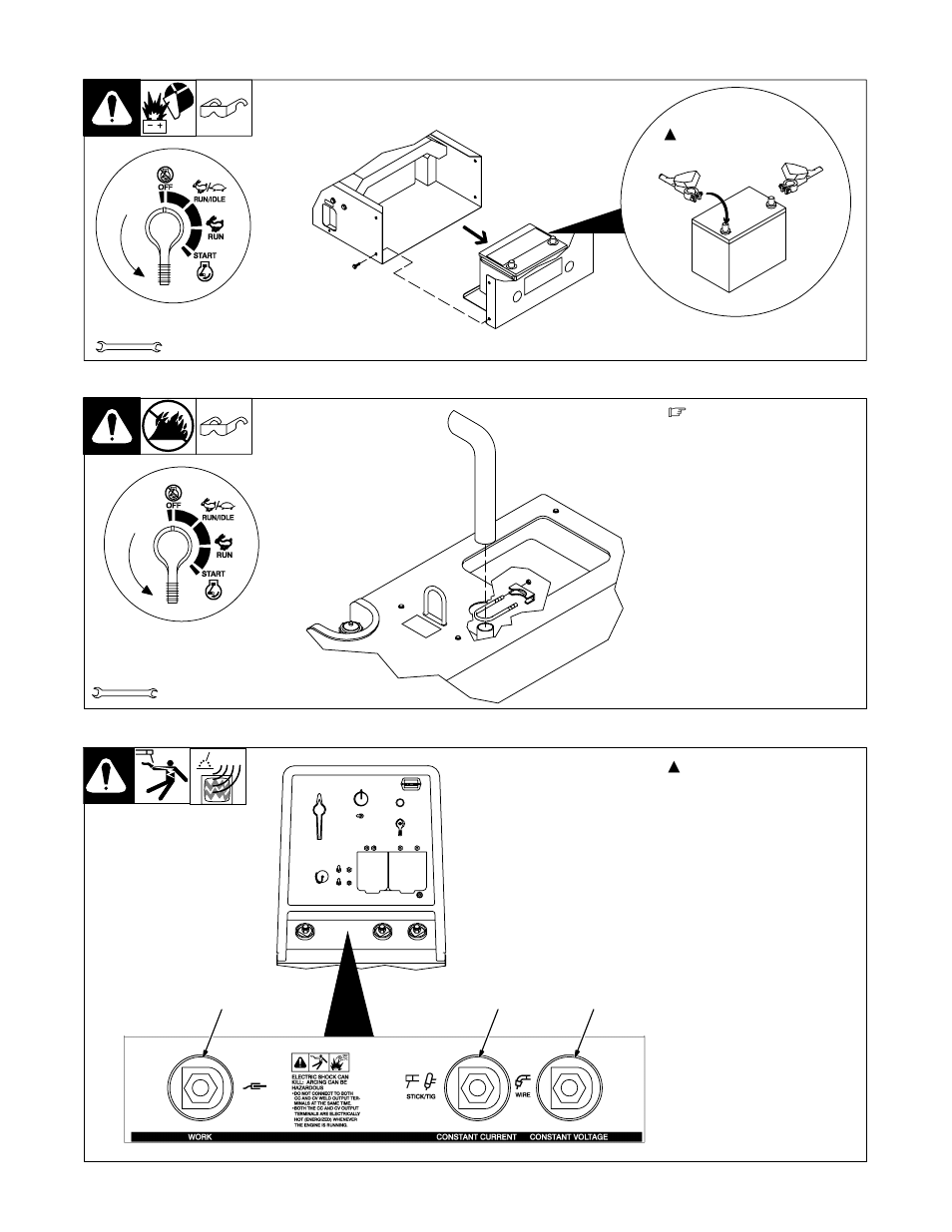 4. connecting the battery, 5. installing exhaust pipe, 6. connecting to weld output terminals | Hobart Welding Products ARCSTAR OM-486 User Manual | Page 19 / 52