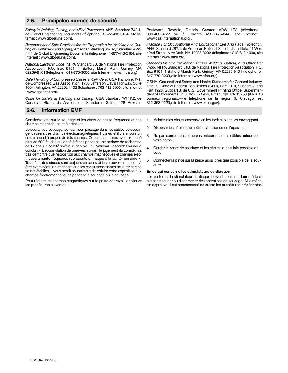 5. principales normes de sécurité, 6. information emf | Hobart Welding Products HANDLER 125 AND H-9B GUN OM-947 212 149D User Manual | Page 12 / 48