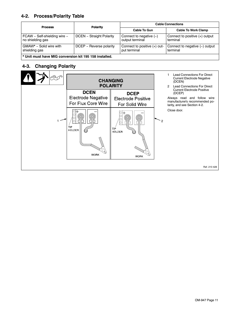 2. process/polarity table, 3. changing polarity | Hobart Welding Products HANDLER 125 AND H-9B GUN OM-947 212 149D User Manual | Page 15 / 48