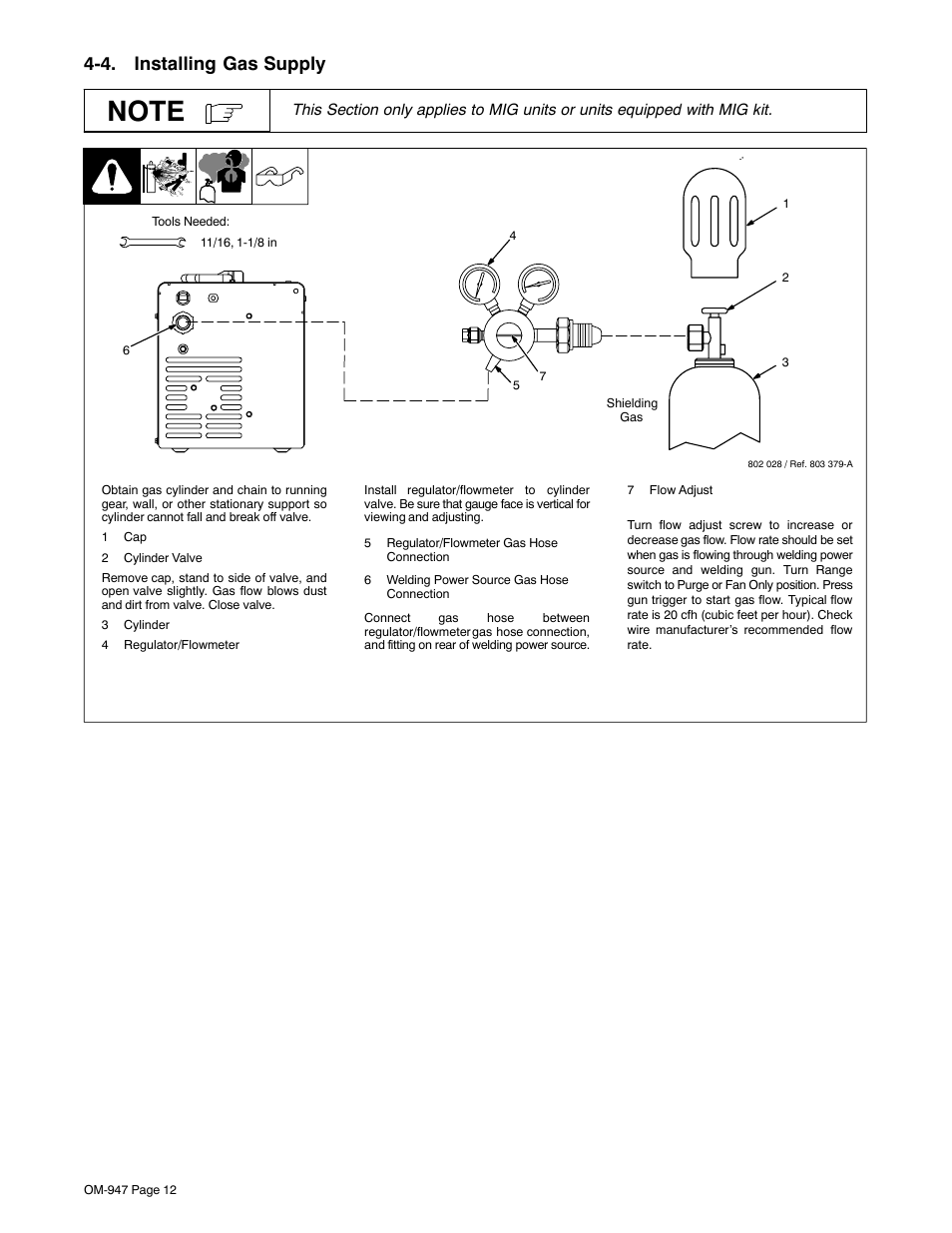 4. installing gas supply | Hobart Welding Products HANDLER 125 AND H-9B GUN OM-947 212 149D User Manual | Page 16 / 48