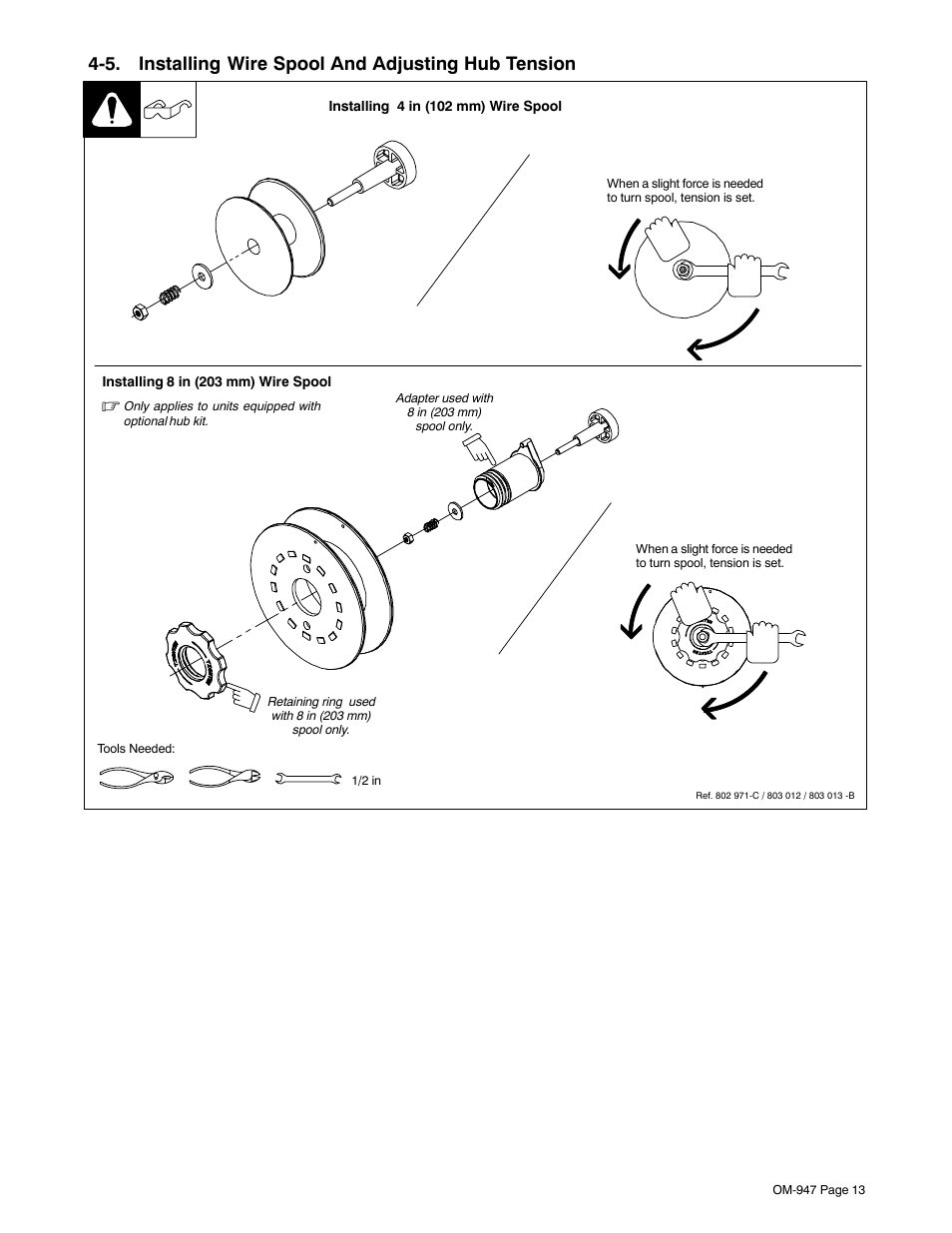 5. installing wire spool and adjusting hub tension | Hobart Welding Products HANDLER 125 AND H-9B GUN OM-947 212 149D User Manual | Page 17 / 48