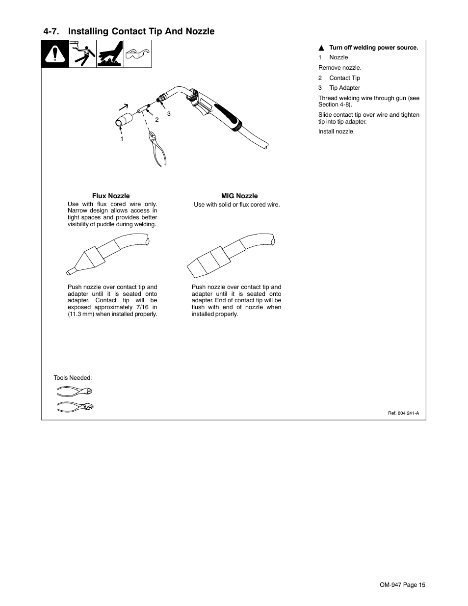 7. installing contact tip and nozzle | Hobart Welding Products HANDLER 125 AND H-9B GUN OM-947 212 149D User Manual | Page 19 / 48