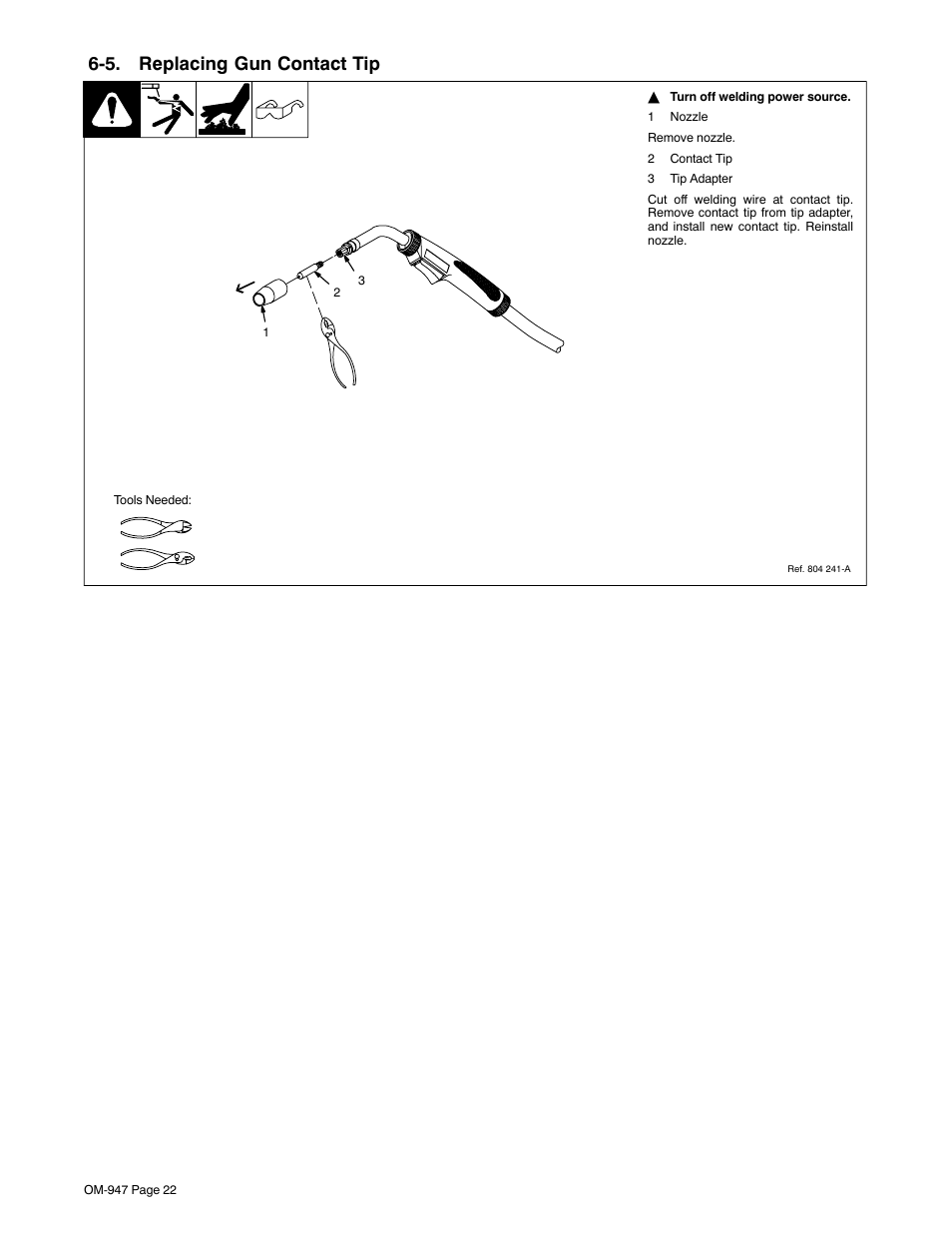 5. replacing gun contact tip | Hobart Welding Products HANDLER 125 AND H-9B GUN OM-947 212 149D User Manual | Page 26 / 48