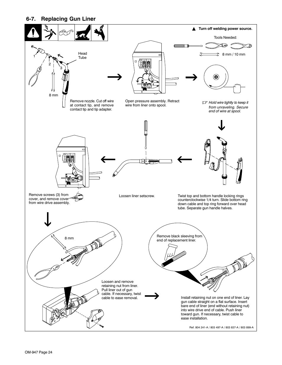 7. replacing gun liner | Hobart Welding Products HANDLER 125 AND H-9B GUN OM-947 212 149D User Manual | Page 28 / 48