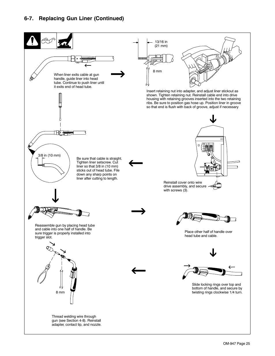 7 . replacing gun liner (continued) | Hobart Welding Products HANDLER 125 AND H-9B GUN OM-947 212 149D User Manual | Page 29 / 48