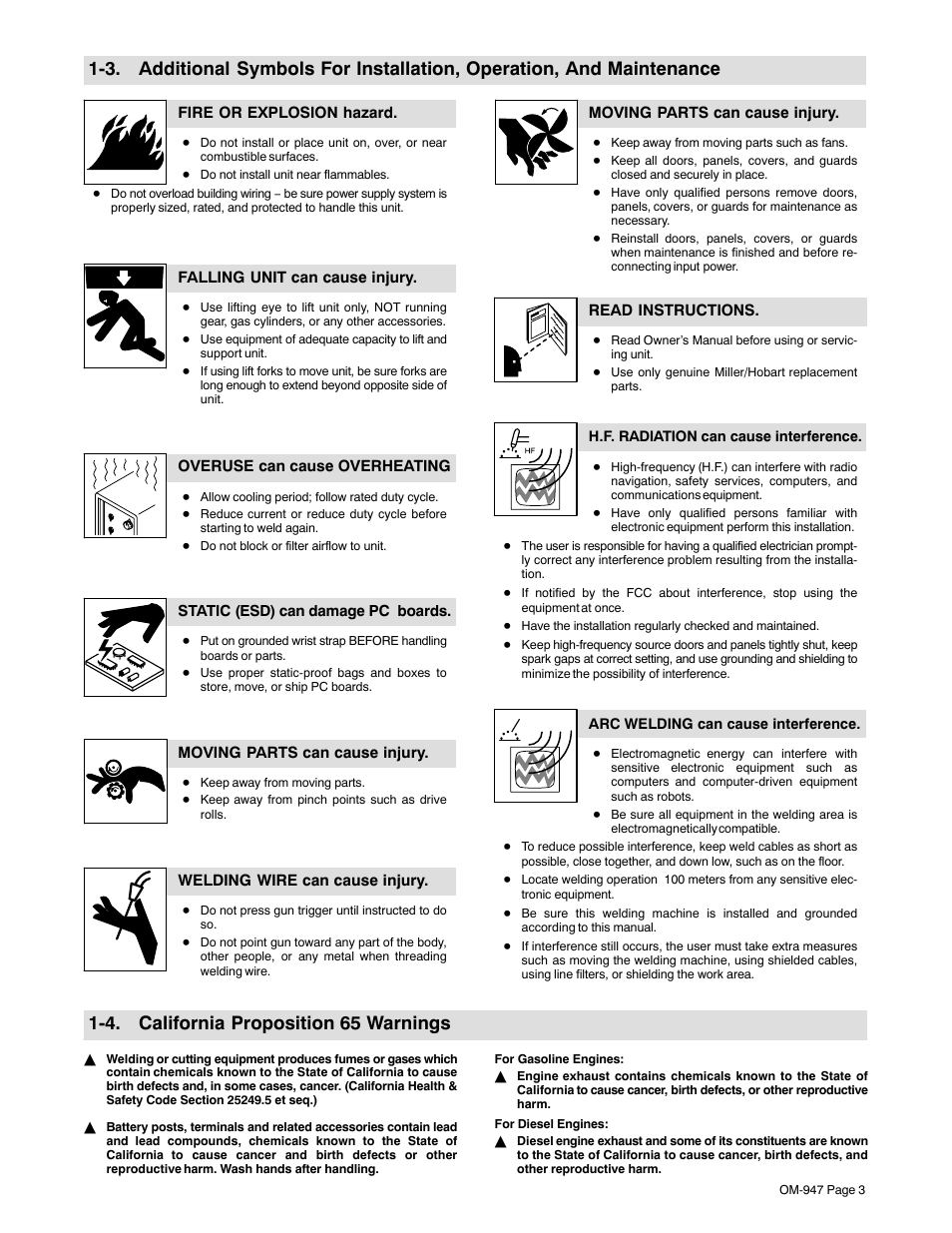 4. california proposition 65 warnings | Hobart Welding Products HANDLER 125 AND H-9B GUN OM-947 212 149D User Manual | Page 7 / 48