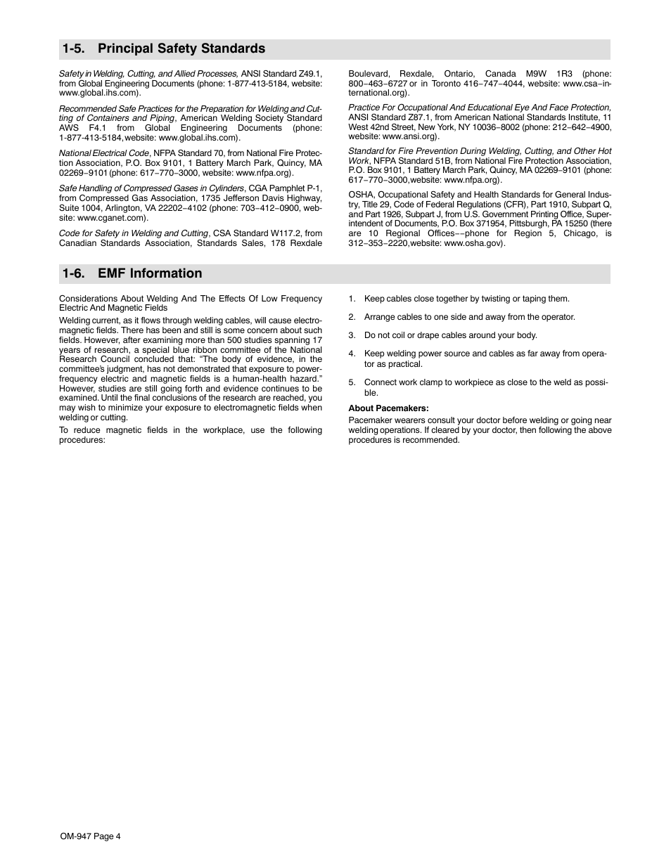 5. principal safety standards, 6. emf information | Hobart Welding Products HANDLER 125 AND H-9B GUN OM-947 212 149D User Manual | Page 8 / 48