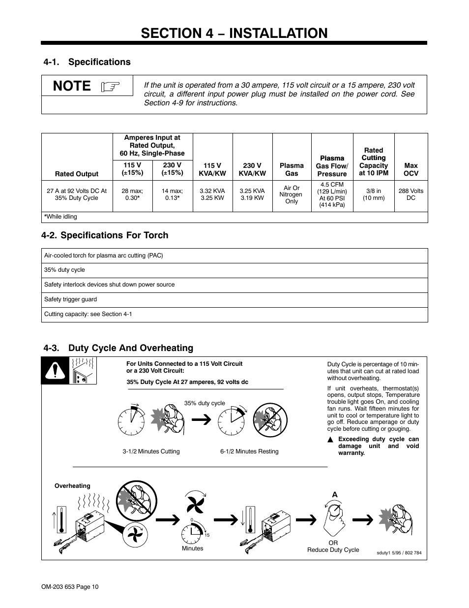 Section 4 − installation, 1. specifications, 2. specifications for torch | 3. duty cycle and overheating | Hobart Welding Products AIRFORCE ICE-27C User Manual | Page 14 / 36