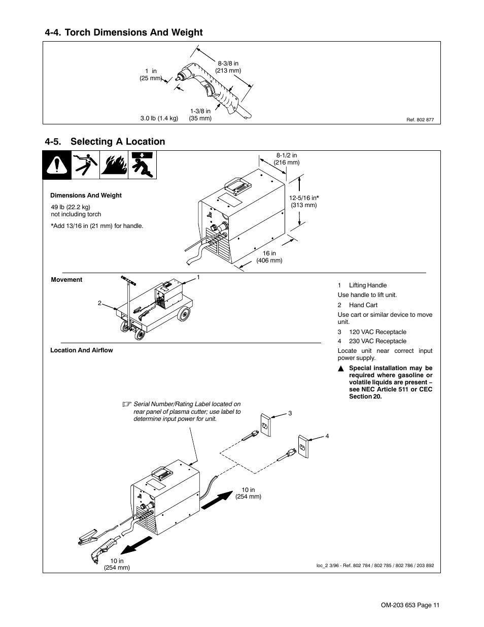 4. torch dimensions and weight, 5. selecting a location | Hobart Welding Products AIRFORCE ICE-27C User Manual | Page 15 / 36