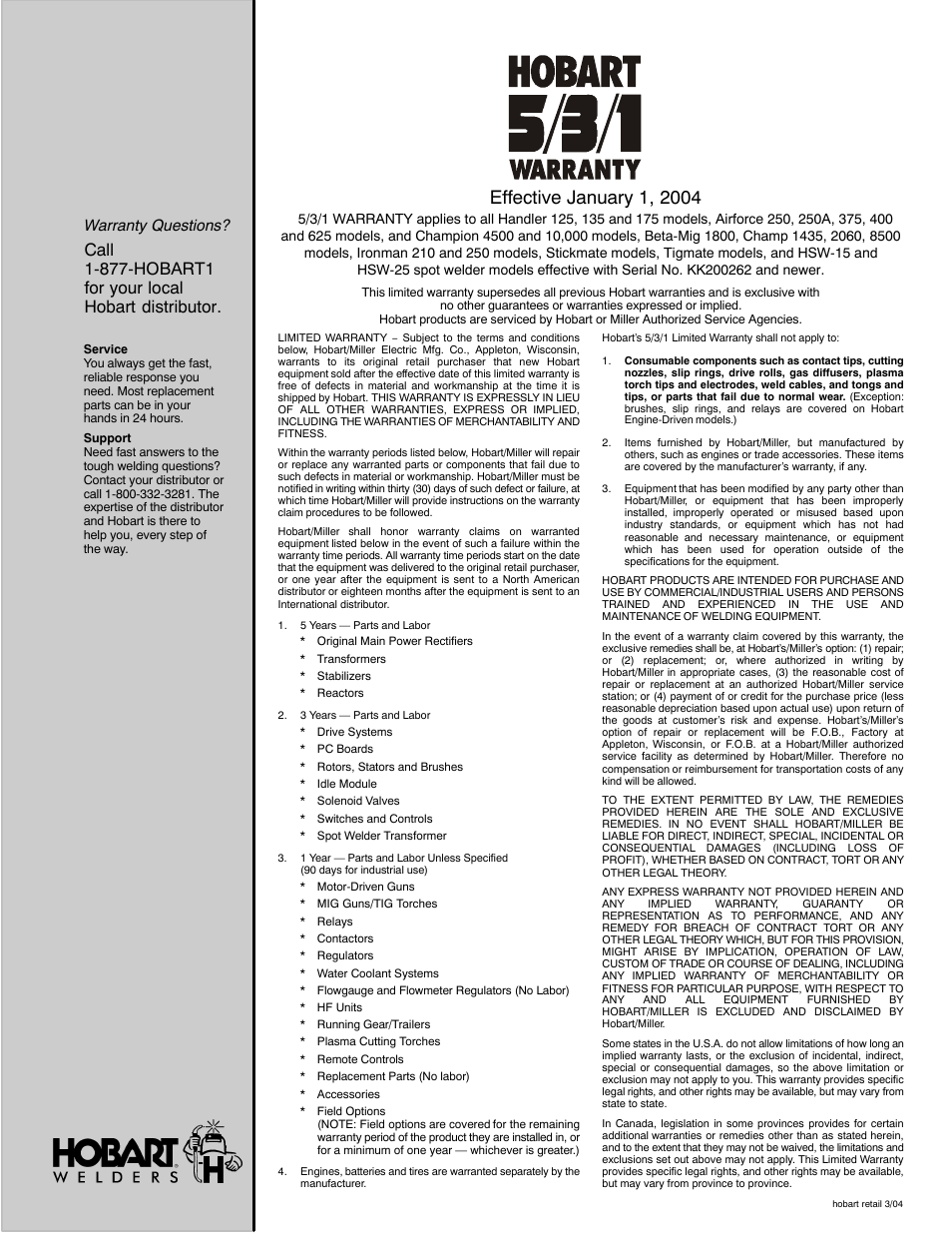 Warranty questions | Hobart Welding Products AIRFORCE ICE-27C User Manual | Page 35 / 36