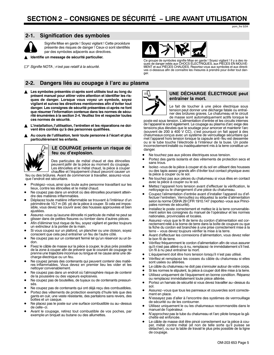 1. signification des symboles, 2. dangers liés au coupage à l’arc au plasma | Hobart Welding Products AIRFORCE ICE-27C User Manual | Page 9 / 36