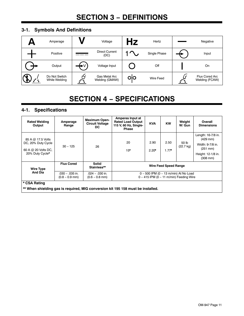 Section 3 − definitions, 1. symbols and definitions, Section 4 − specifications | 1. specifications | Hobart Welding Products HANDLER OM-947 User Manual | Page 15 / 48