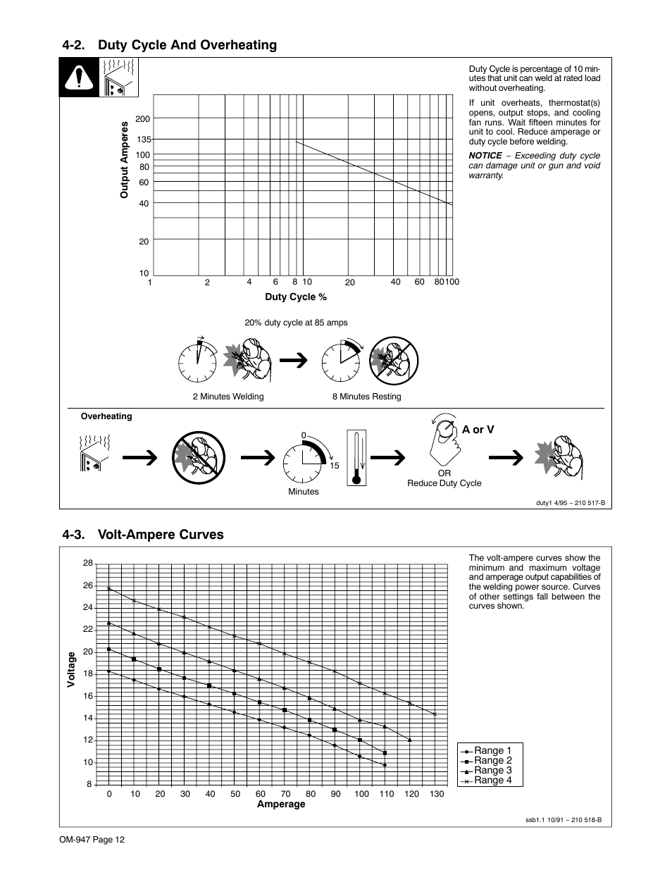 2. duty cycle and overheating, 3. volt-ampere curves | Hobart Welding Products HANDLER OM-947 User Manual | Page 16 / 48