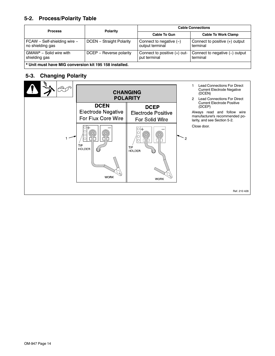 2. process/polarity table, 3. changing polarity | Hobart Welding Products HANDLER OM-947 User Manual | Page 18 / 48